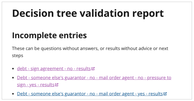 Decision tree validation report. The report says there are incomplete entries in the tree. It lists them with links to the entry in Contentful.