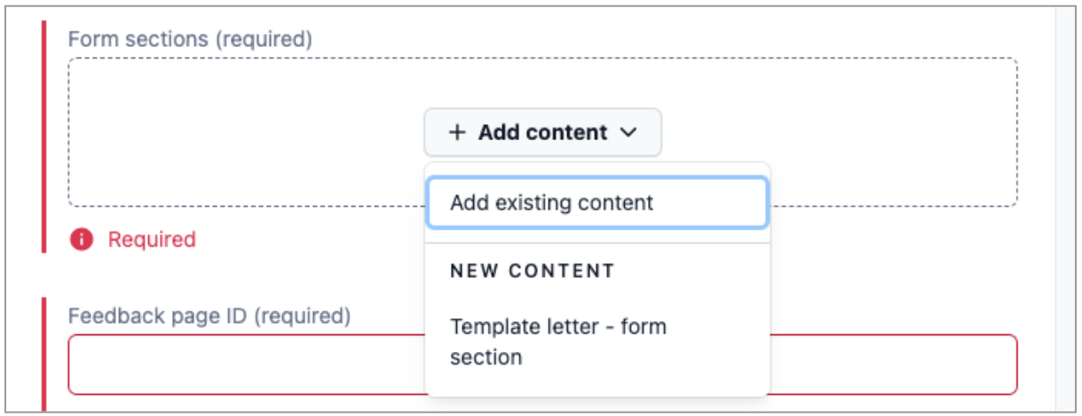 Screenshot of dropdown menu to add content to a form section. The option 'add existing content' is selected.