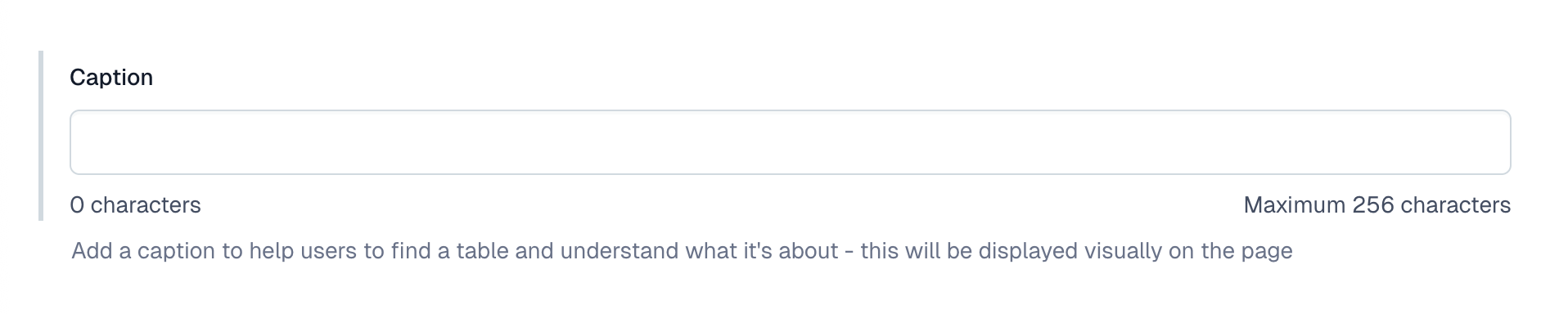 An empty text input field for a 'Caption', showing a 256-character limit and help text below.