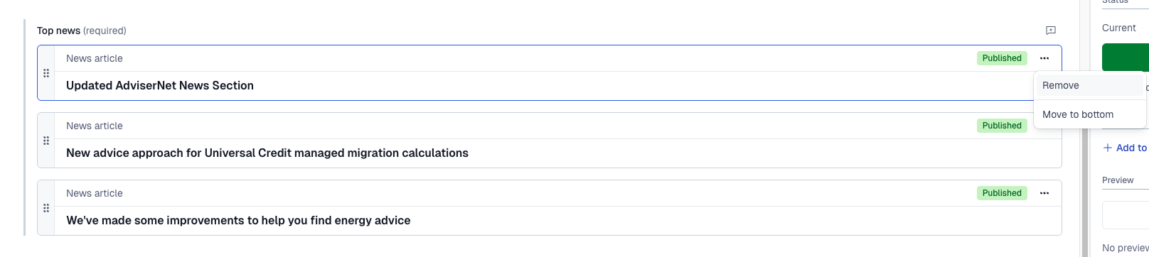 Screenshot of the "Top news" section in a content editor, showing a list of news articles. A drop-down menu is open for the first article, "Updated AdviserNet News Section", with options to "Remove" or "Move to bottom".
