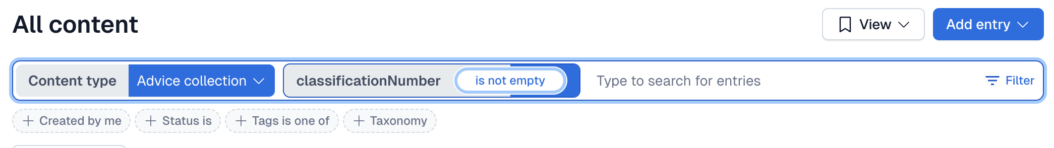 An image showing the search bar with the 'Advice collection' type and the 'classificationNumber is not empty' filter applied