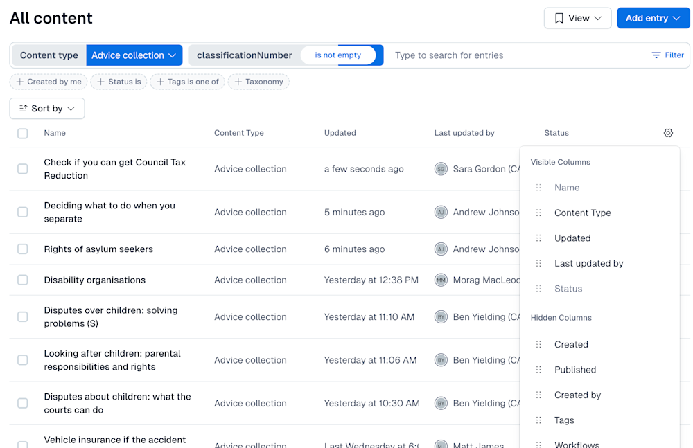 An image showing the cog icon with options to change the visible columns in search results.