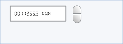 An electricity smart meter with 2 white buttons to the right of a screen, one above the other. The screen says '0011256.3 KWH'.