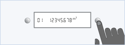 A G4 GWi gas smart meter with a white button on the left and right of a screen. The screen says '01 12345.678 M3'.