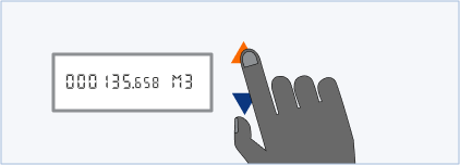 A gas smart meter with an orange arrow button pointing up and a blue arrow button pointing down, both to the right of a screen. The screen says '000135.658 M3'.