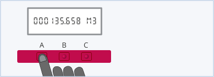 A gas smart meter with 3 square red buttons in a row under a screen. The buttons are marked 'A', 'B' and 'C'. The screen says '000135.658 M3'.