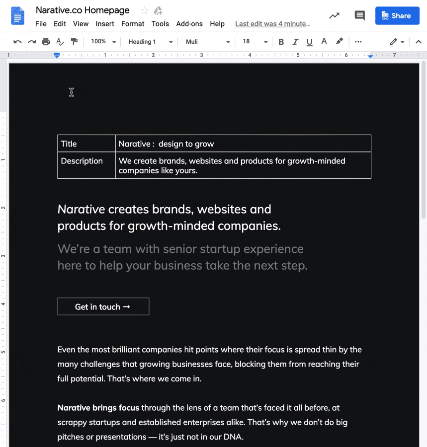 We apply some light styling while working in Google Docs to emulate the feel of the final page.