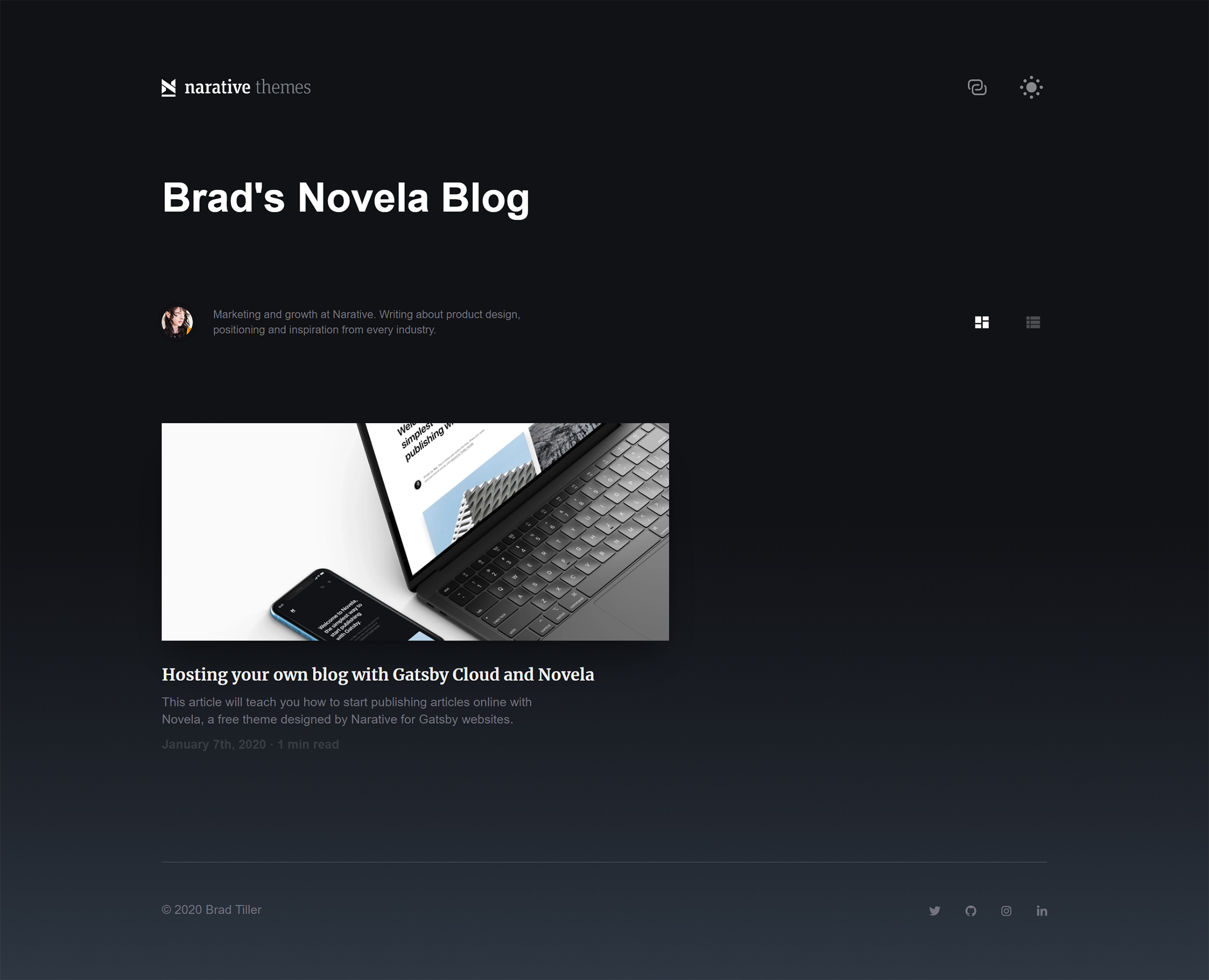 Example after updating authors and posts, set to dark mode (using the toggle in the top-right).