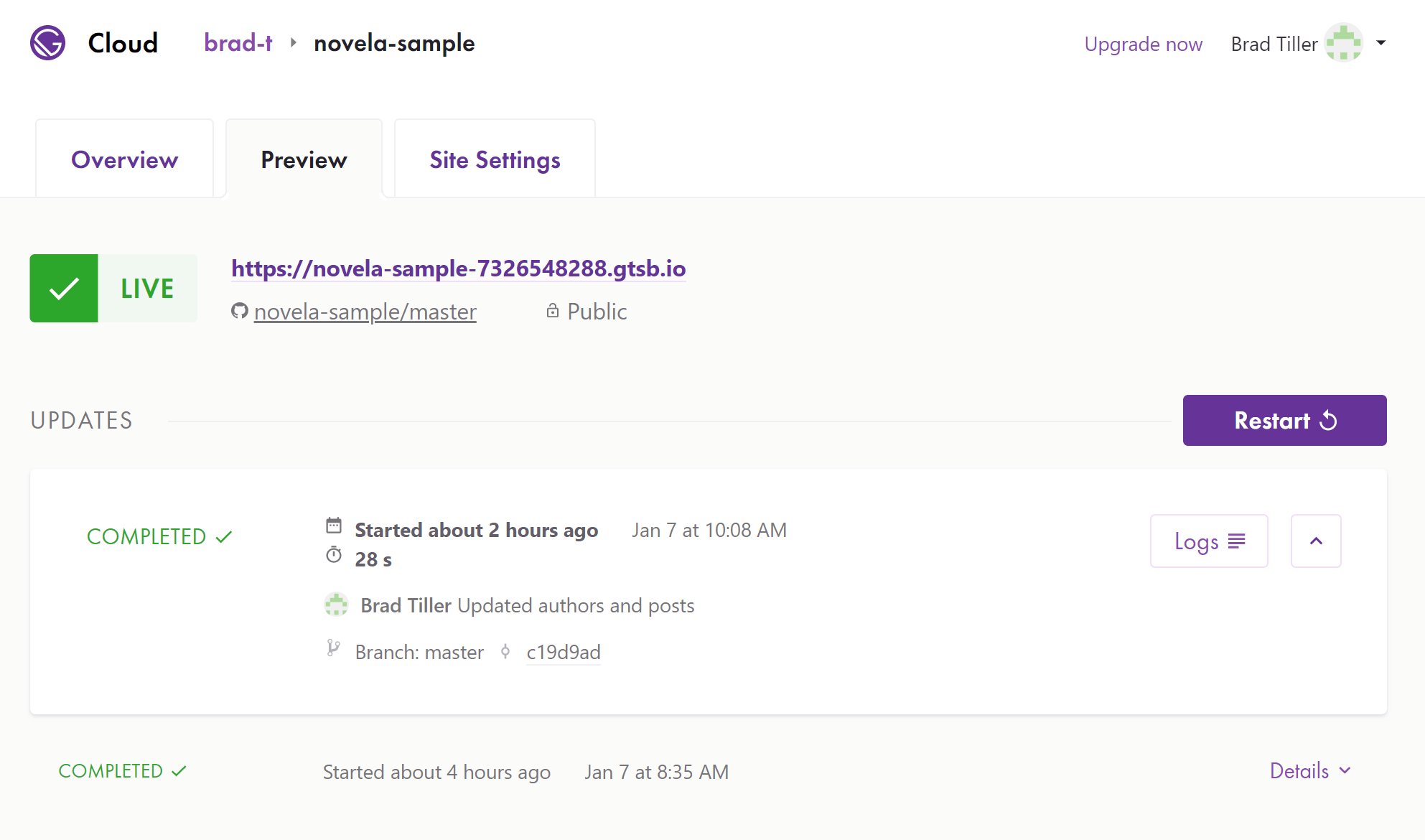 The preview dashboard inside of Gatsby Cloud