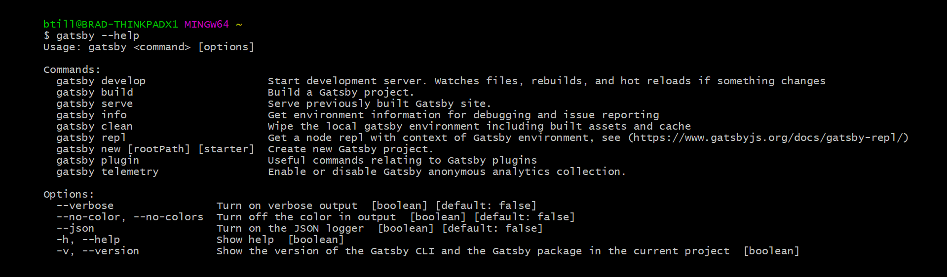 An example of entering the "gatsby --help" command in a command line to receive options for Gatsby.
