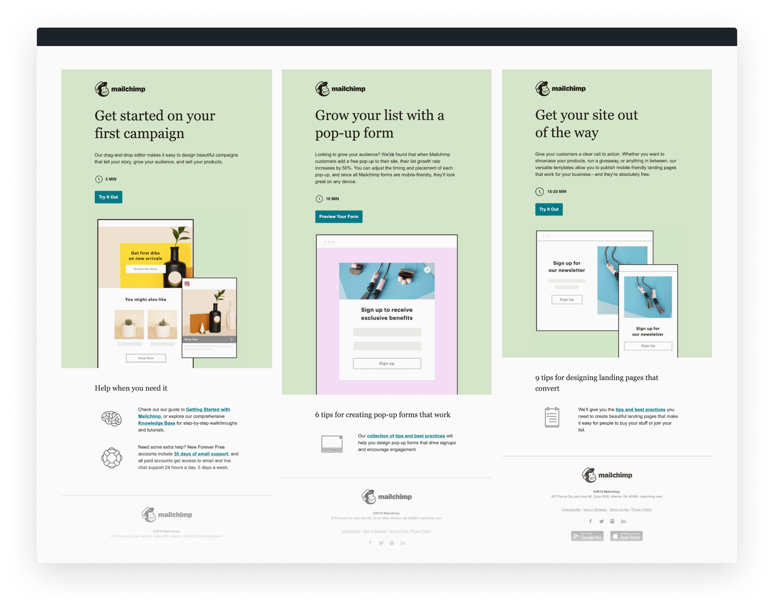 Just a few of the emails in Mailchimp’s updated onboarding program.