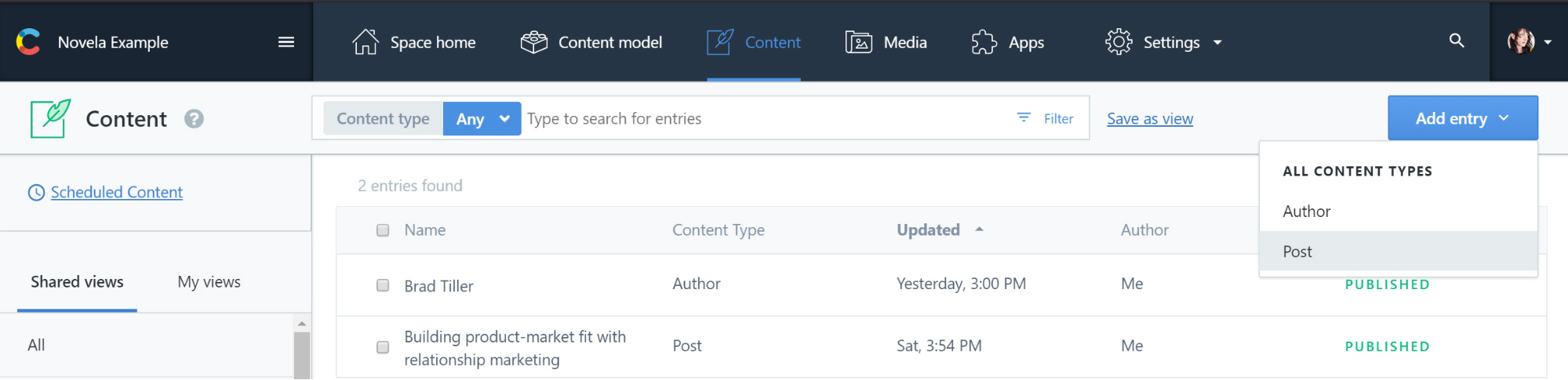 Different content types for Novela inside Contentful