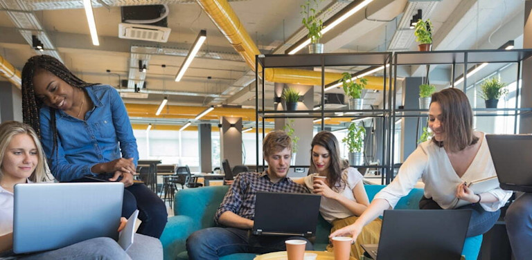 wide shot of employees working together on laptops