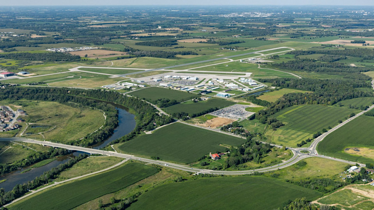 An aerial shot of the Region of Waterloo International Airport (YKF).