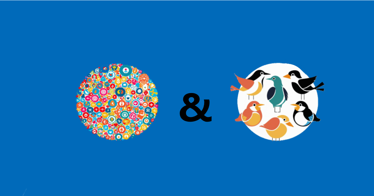 a mass of symbols in a circle and a small collection of birds in a circle