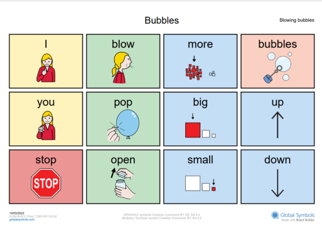 Playing Bubbles (ARASAAC and Mulberry Symbols, One board (4x3)