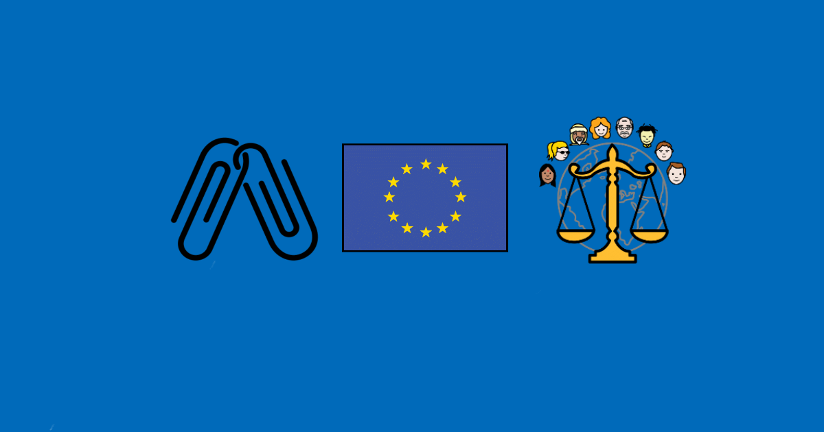 two links with the EU flag and social justice with the weighted scales and images of people from around the world. 