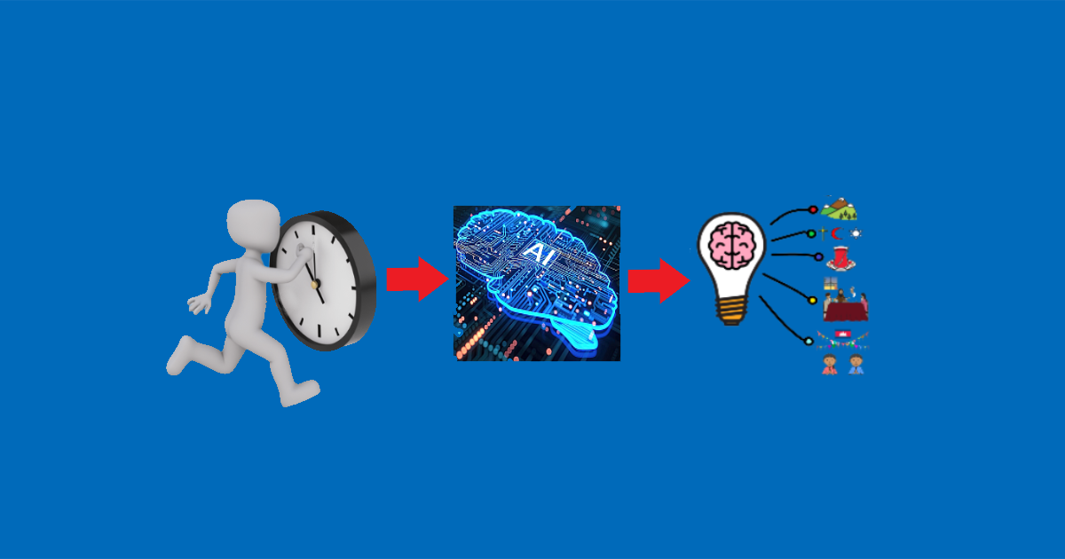 person running with a clock towards AI and an idea represented as a lightbulb with links to new symbols