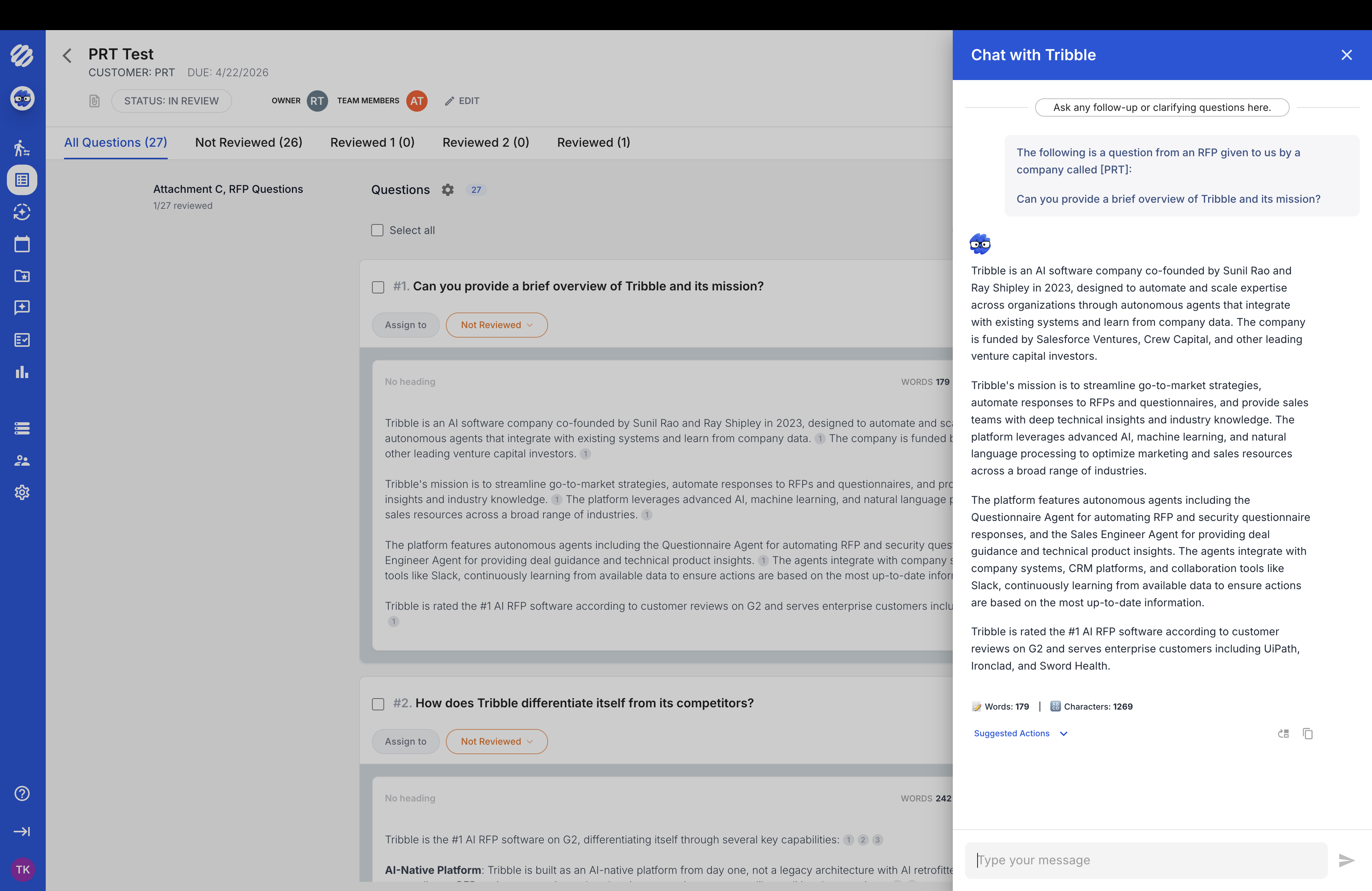 Tribblytics analytics dashboard with pinned content: Cumulative Project Growth, Knowledge Gap Impact Analysis, Top 10 Most Common Unanswerable Question Topics, Top Knowledge Gaps, and Knowledge Base Enhancement Priority Matrix.