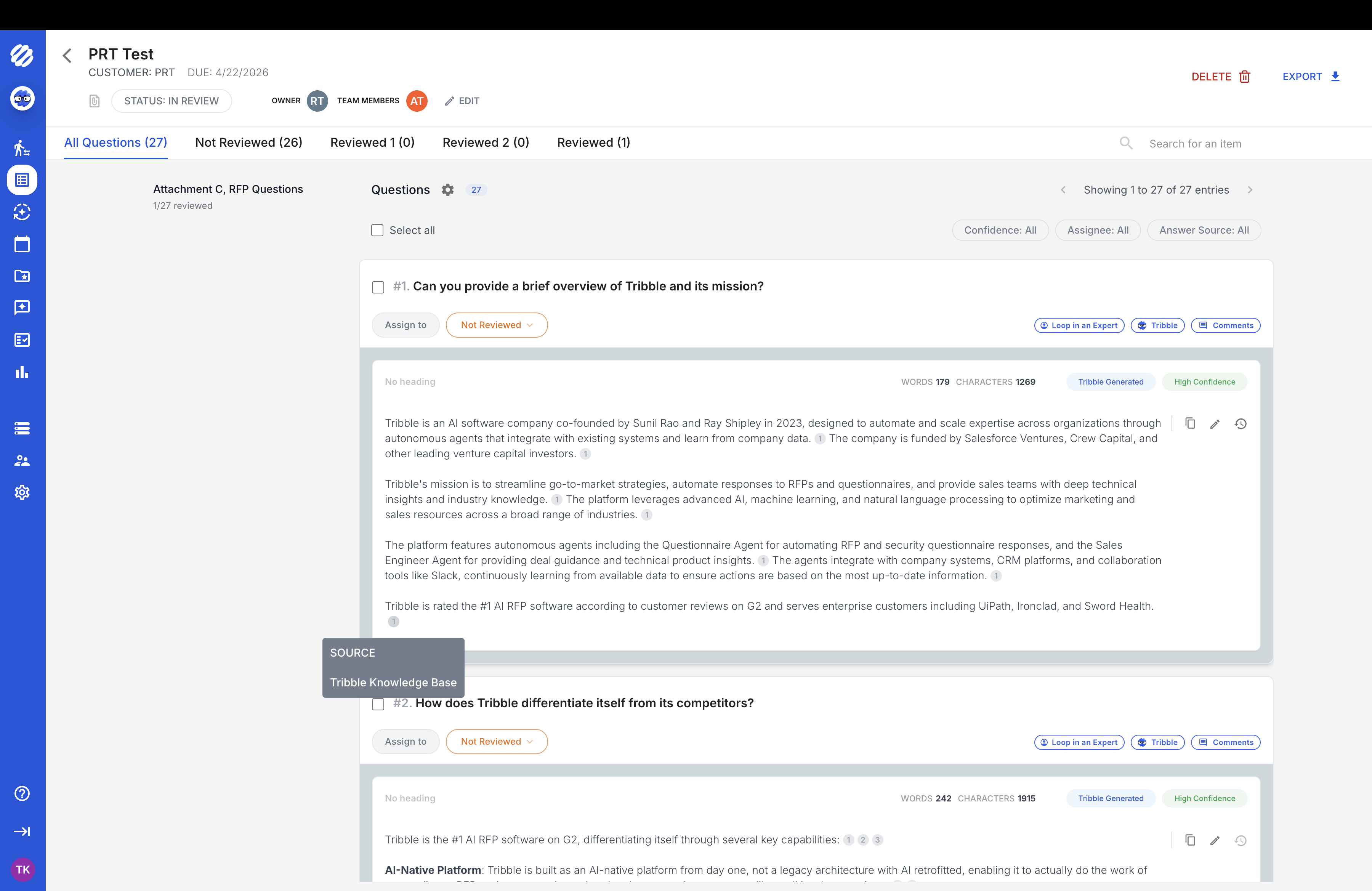 Tribble RFP questionnaire view for the PRT Test project, showing an AI-generated High Confidence answer to "Can you provide a brief overview of Tribble and its mission?" with inline source citations.
