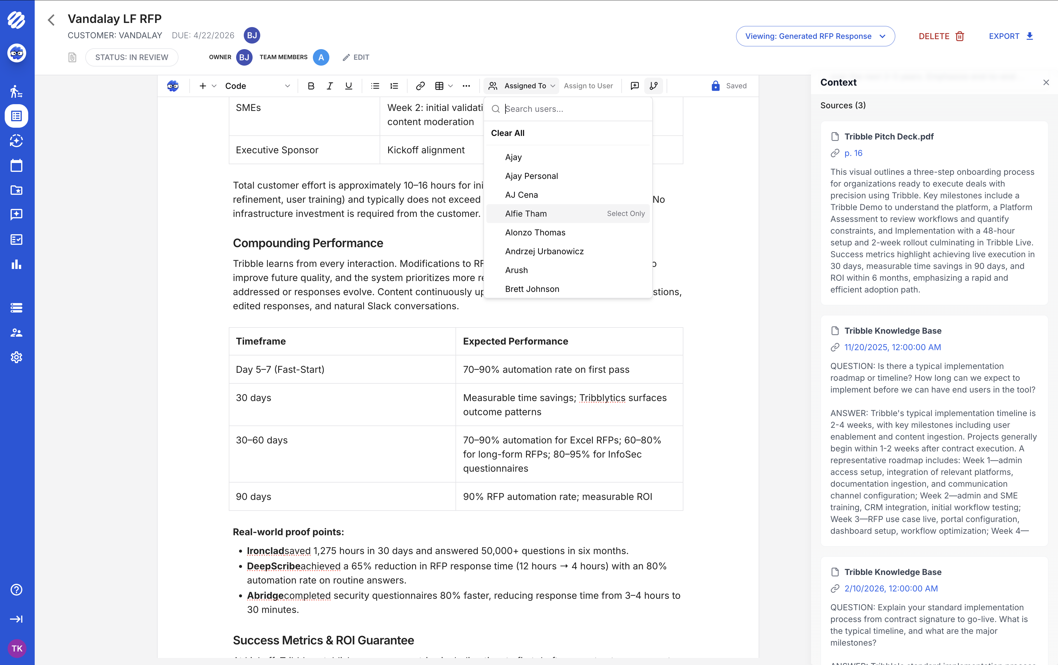 Tribble long-form RFP response editor (Vandalay LF RFP) showing the Assigned To user picker and a right-hand Context panel listing three sources: Tribble Pitch Deck, Tribble Knowledge Base, and an implementation timeline Q&A.