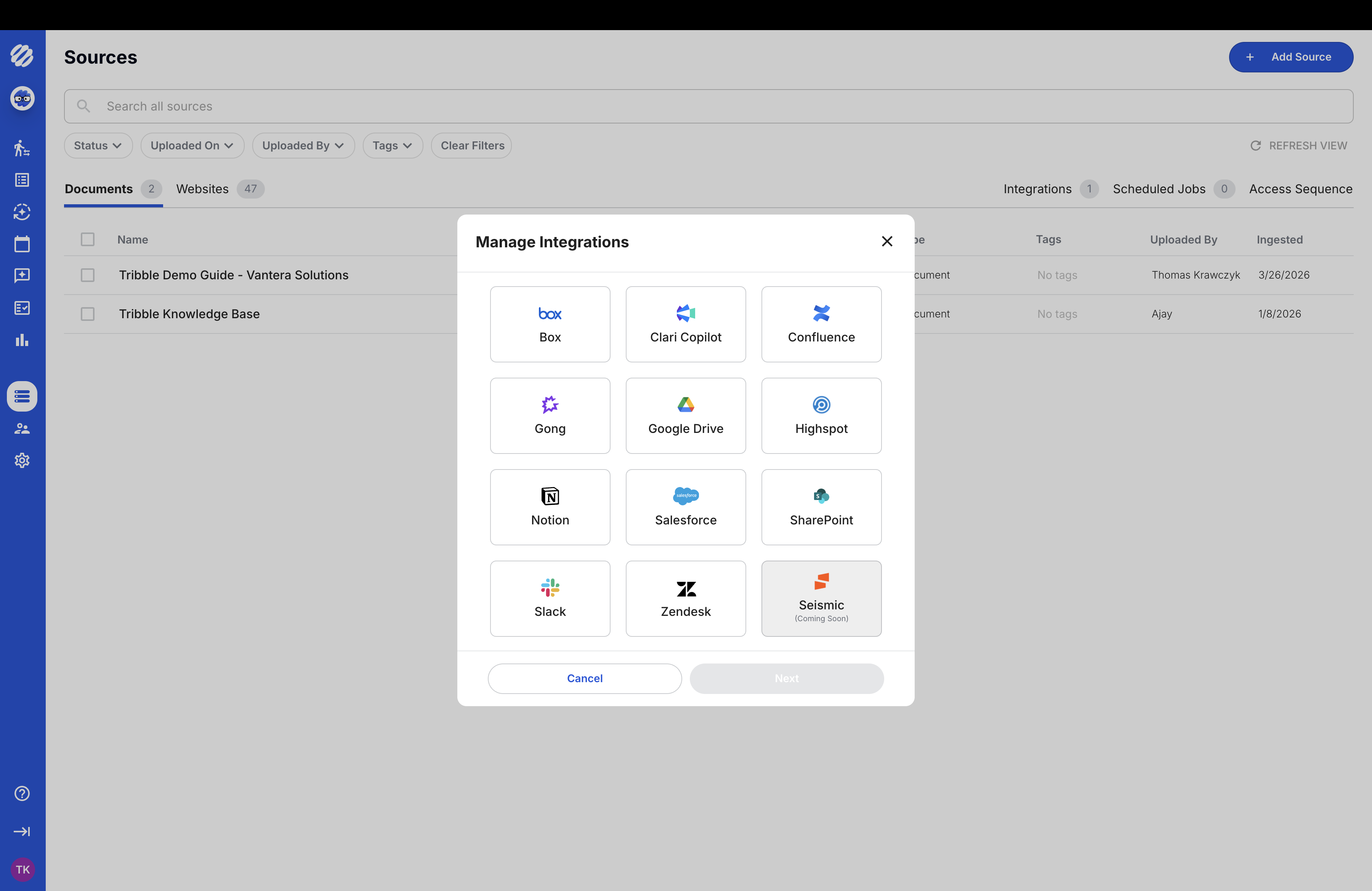 Tribble Sources page with the Manage Integrations modal, showing available connectors: Box, Clari Copilot, Confluence, Gong, Google Drive, Highspot, Notion, Salesforce, SharePoint, Slack, Zendesk, and Seismic (coming soon).