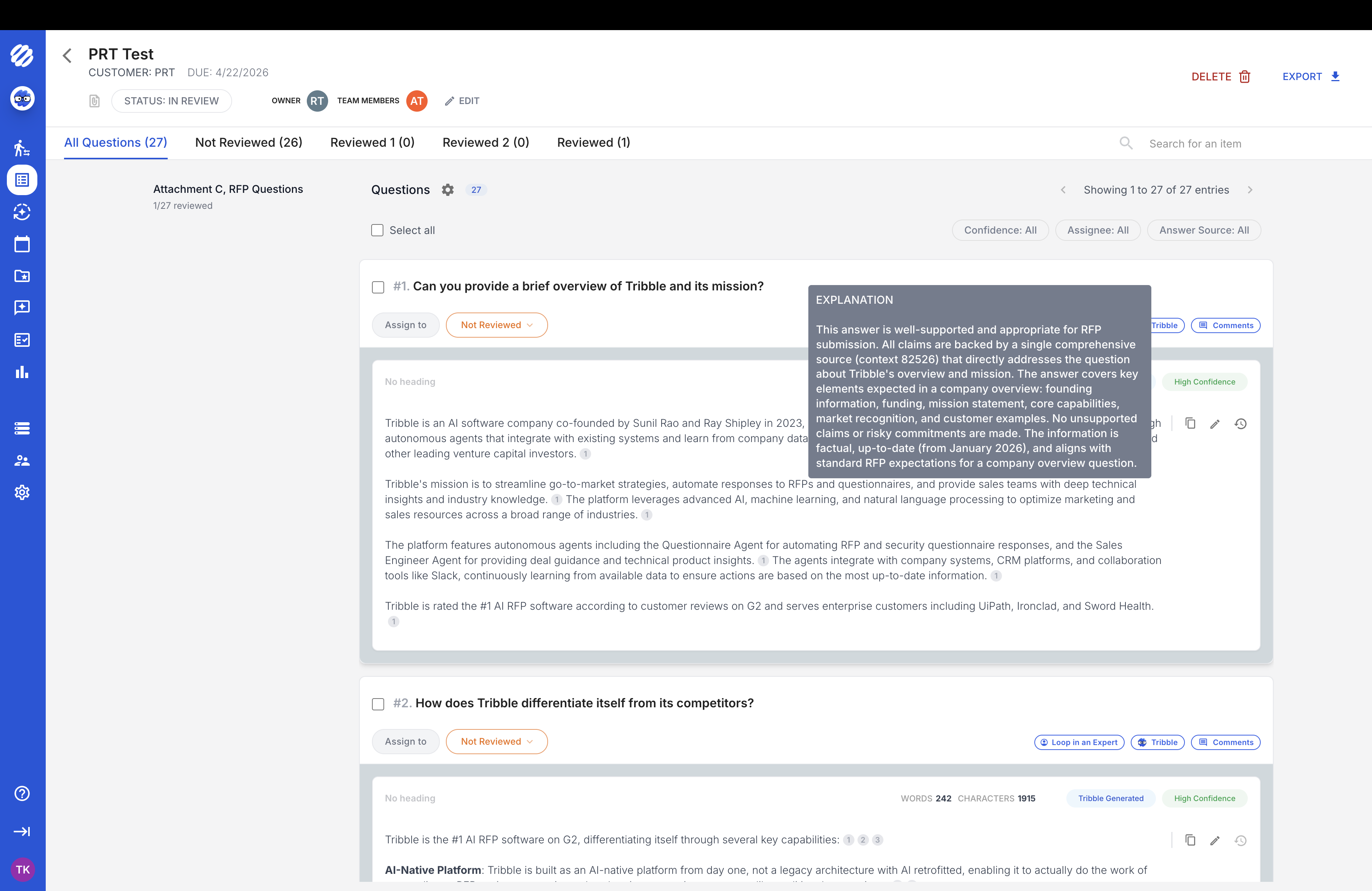 Tribble questionnaire view with an Explanation tooltip describing why the generated answer received a High Confidence rating, referencing the source document that backs each claim.