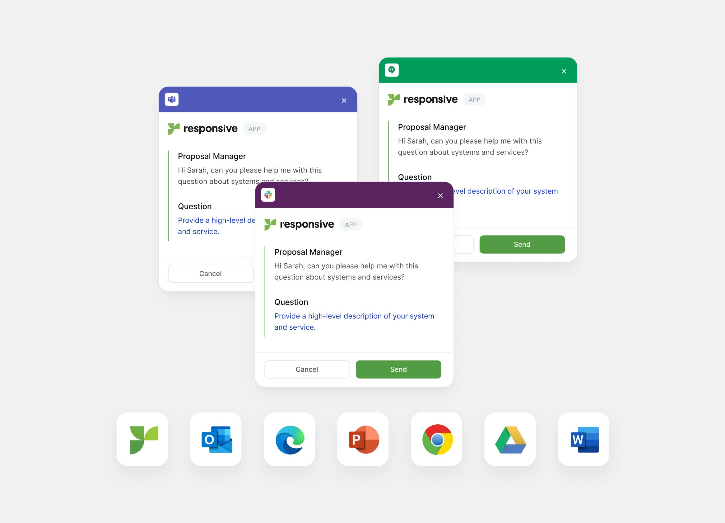 Responsive product screenshot: LookUp answer requests across Microsoft 365, browsers and Google Drive. Source: responsive.io/product/lookup