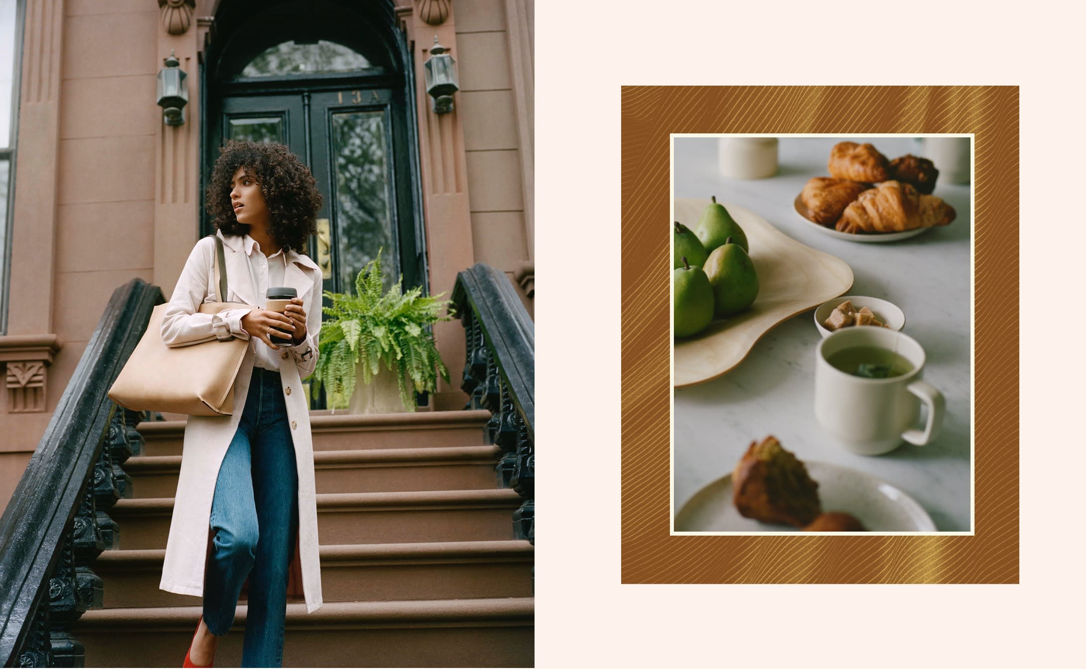A coffee, your favorite jeans, and a linen trench coat.