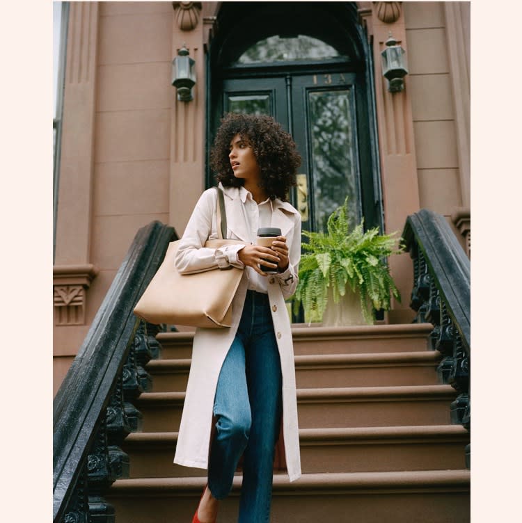 A coffee, your favorite jeans, and a linen trench coat.