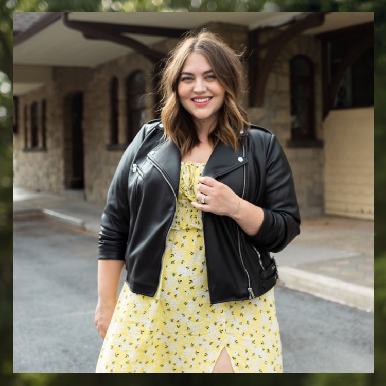 maxey's transitional layers: black leather jacket with yellow dress