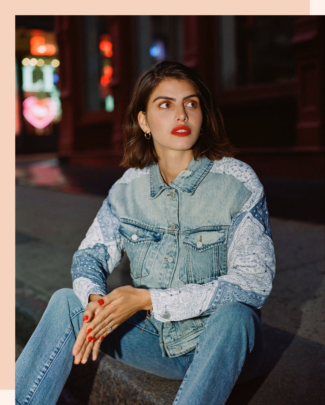 A denim patchwork jacket with denim jeans; perfect for a night out.