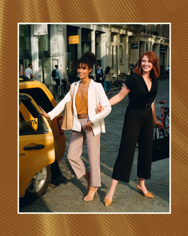 Striped pants and sleek jumpsuits, perfect for your early morning commute.