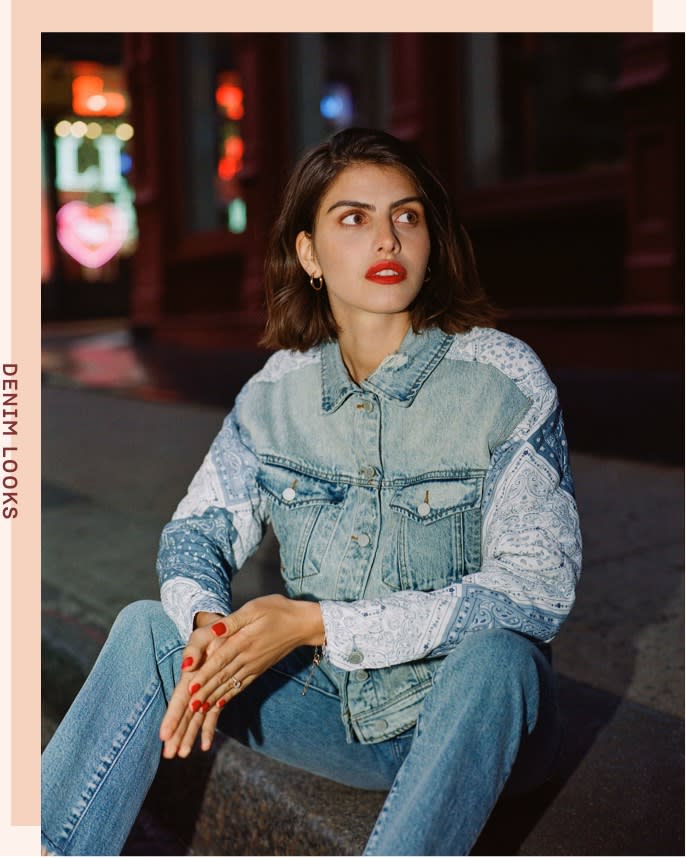A denim patchwork jacket with denim jeans; perfect for a night out.
