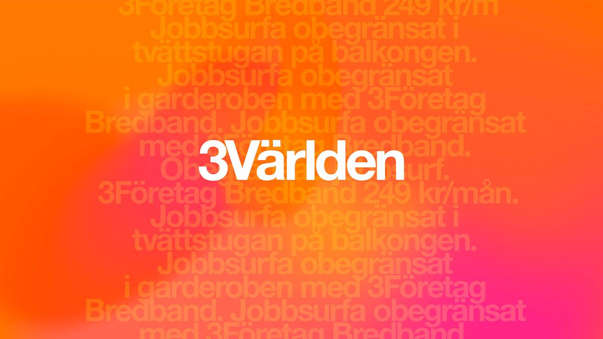Graident bakgrund med oranga toner samt ord som visar vad 3Världen Företag är. 3Världen står i mitten med vit text.