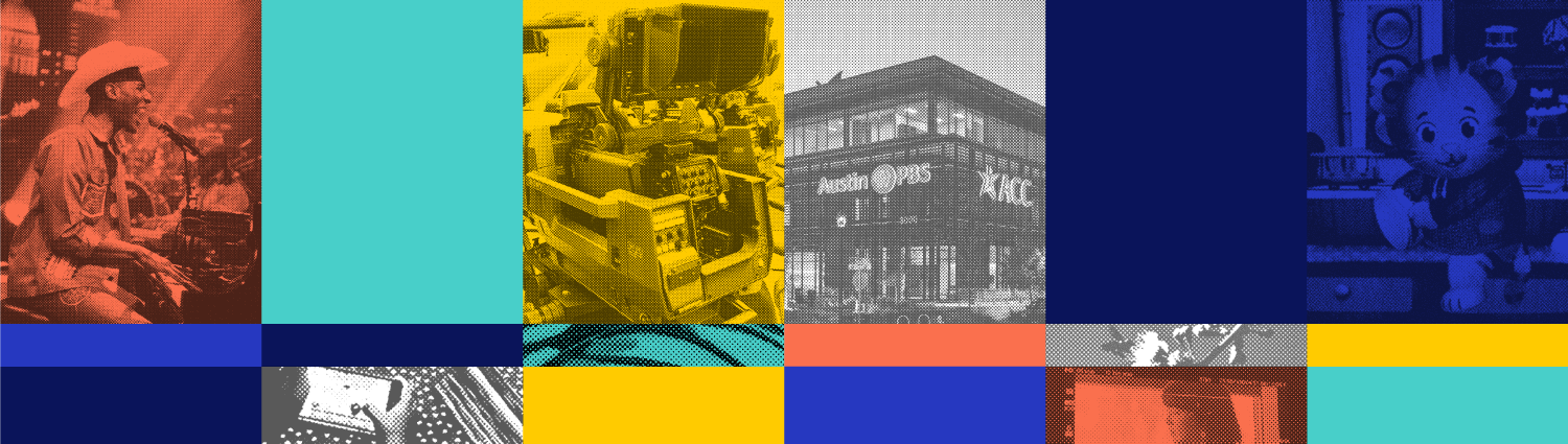 Primary color bars overlaying images of old tv camera and Austin PBS outside building image.