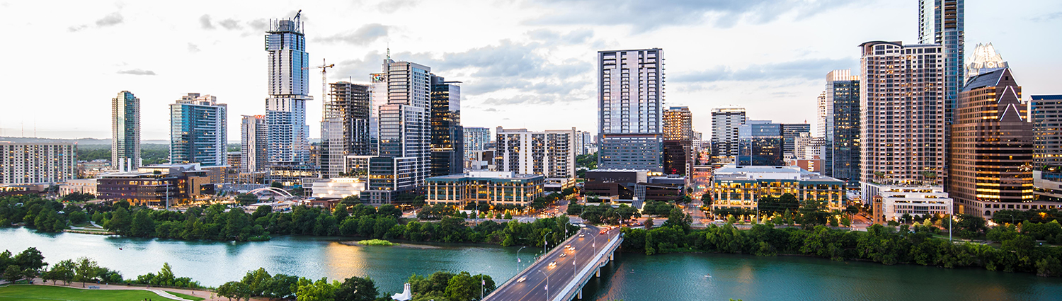 Austin Skyline looking north along the South 1st Street Bridge onto downtown Austin..