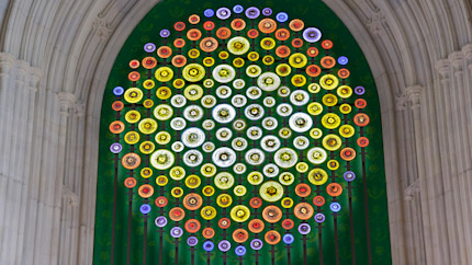 New Dawn, at the entrance to Stephen’s Hall, is a light sculpture celebrating the campaign for women’s right to vote.
