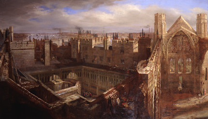Panorama of the Ruins of the Old Palace of Westminster, 1834, Painting, by George Scharf © Parliamentary Art Collection WOA 3793