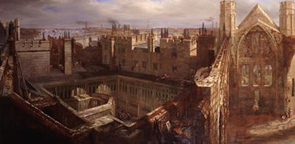 A painting by George Scharf showing the ruins of the House of Commons after the fire of 1834.