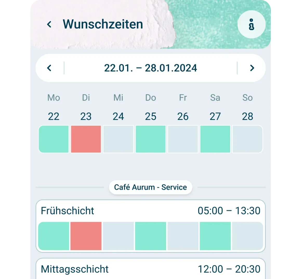 Ein Bildschirm der Planungs-App zeigt die gewünschten Arbeitsschichten für den 22. bis 28. Januar 2024. Frühschicht und Mittagsschicht sind mit farbigen Kästchen für jeden Tag aufgeführt, die die Verfügbarkeit anzeigen.