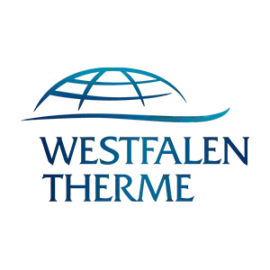 Das Logo der Westfalen Therme zeigt eine stilisierte blaue Kuppel mit einer Welle über dem Text WESTFALEN THERME in fetten, blauen Großbuchstaben.