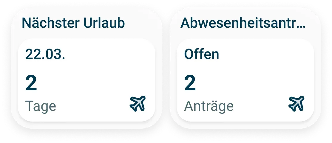 Zwei weiße Kästen mit abgerundeten Ecken. Linker Kasten: Nächster Urlaub 22.03. 2 Tage mit einem kleinen Flugzeugsymbol. Rechter Kasten: Abwesenheitsantr... Offen 2 Anträge auch mit einem kleinen Flugzeugsymbol.