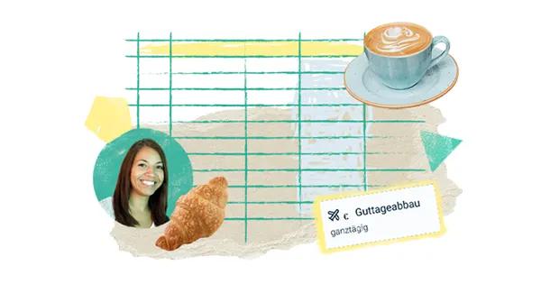 Eine Collage zeigt eine lächelnde Frau, ein Croissant, einen Cappuccino, einen gelben und blauen Gitterhintergrund und eine Notiz mit der Aufschrift Guttageabbau ganztägig mit einem Scherensymbol. Das Design verwendet sanfte Pastellfarben und strukturierte Elemente.