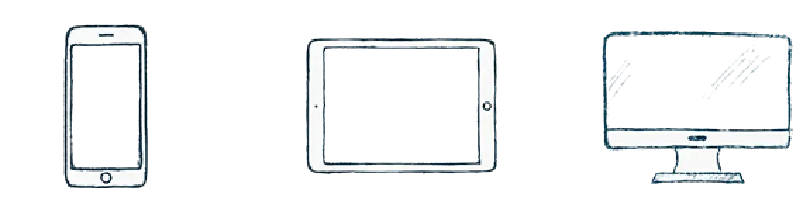 Eine einfache Strichzeichnung von drei Geräten: links ein Smartphone, in der Mitte ein Tablet und rechts ein Desktop-Computer, alle mit minimalen Details auf schwarzem Hintergrund.