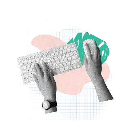 Ein Bild im Collage-Stil zeigt zwei Hände, die eine Computertastatur und eine Maus über einem Rasterpapierhintergrund mit bunten abstrakten Formen benutzen. Ein Handgelenk trägt eine Uhr.