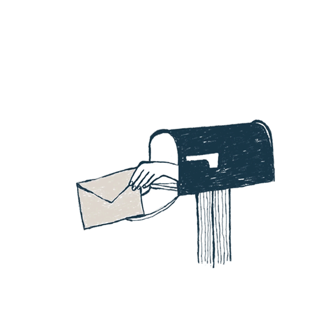 Eine einfache Illustration einer Hand, die aus einem schwarzen Briefkasten herausragt und einen Umschlag vor einem weißen Hintergrund hält.