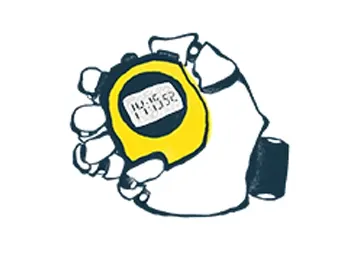 Illustration einer Hand, die eine gelbe Stoppuhr hält, die auf ihrer digitalen Anzeige die Zeit 14:10:52 anzeigt.