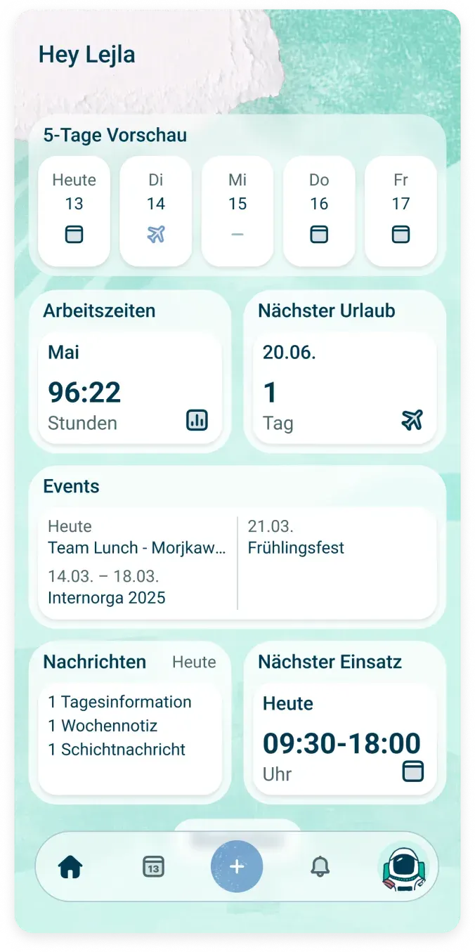 Auf einem Smartphone-Bildschirm wird eine Arbeitsmanagement-App in deutscher Sprache angezeigt, die eine 5-Tage-Übersicht, die Arbeitszeiten im Mai, den nächsten Urlaubstag, Ereignisse, Nachrichten und die nächste Schicht von 09:30 bis 18:00 Uhr anzeigt.