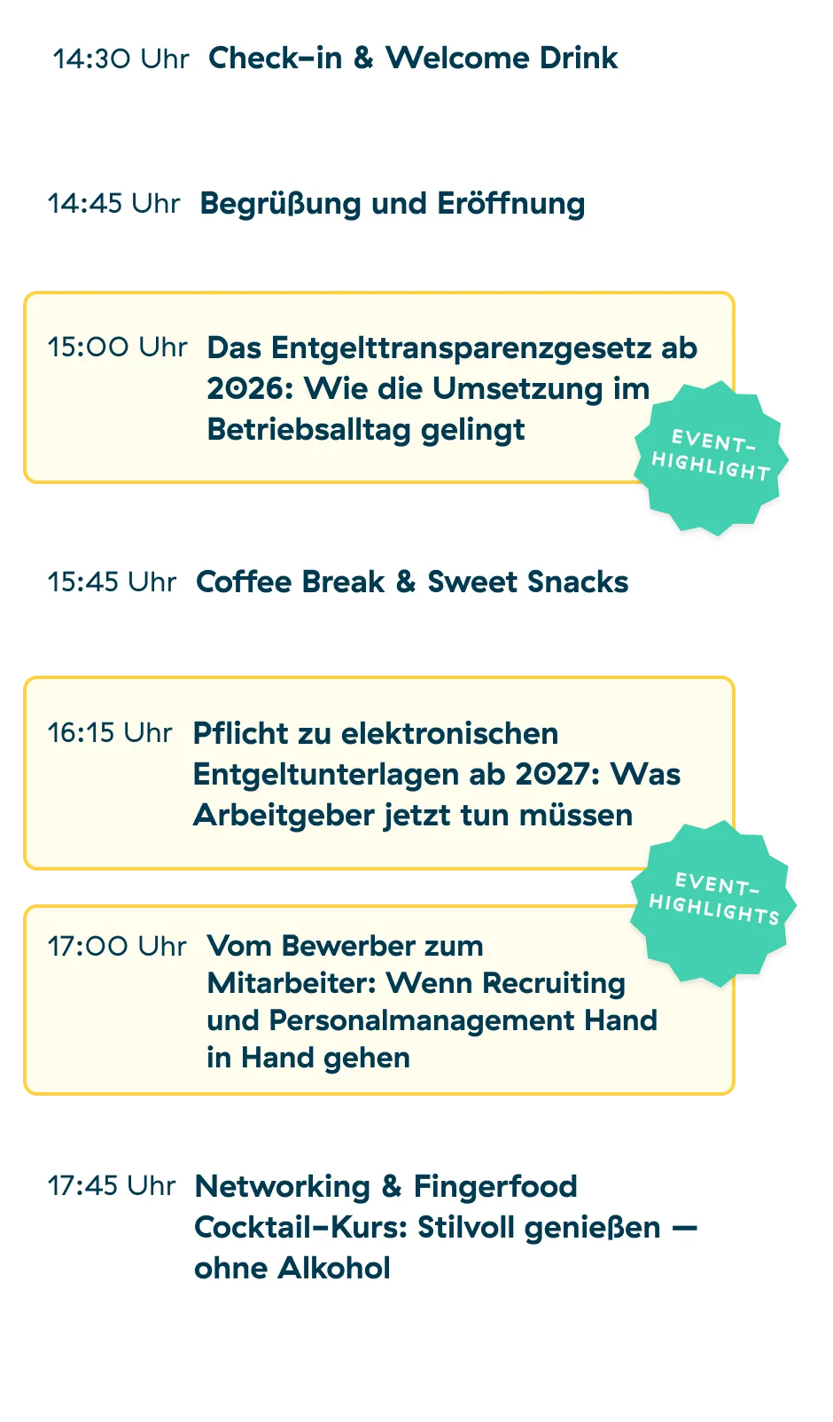 Ein Konferenzprogramm mit Zeitplänen und Veranstaltungen, darunter Highlights wie die digitale Personalakte (ab 2027), das Entgelttransparenzgesetz (ab 2026) und HR-Prozesse, mit Pausen für Getränke und Snacks.